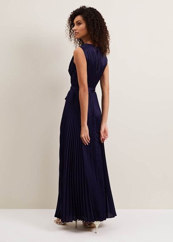 Phase Eight Bonnie Pleat Wrap Satin Dress Navy Canada | JXQPMU-268